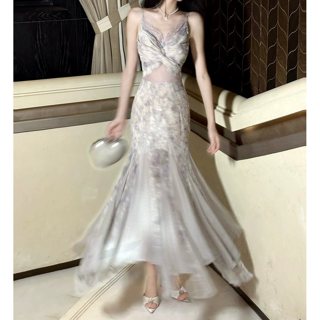 Purple Lace Floral Spaghetti Gown Prom Dress