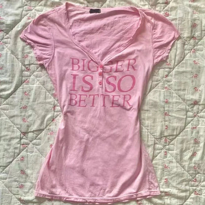 Pink Vintage V-Neck Letter Print Light Subculture Y2K T-Shirt