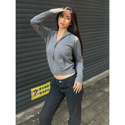 Grey Zip Knit Hoodie Slim Fit Long Sleeve Top