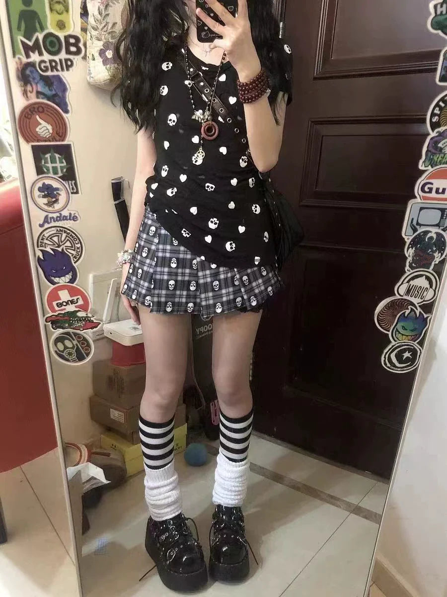 Black Subculture Y2K E-girl Abi American Retro Skull Print Light Subculture Short Sleeve Top