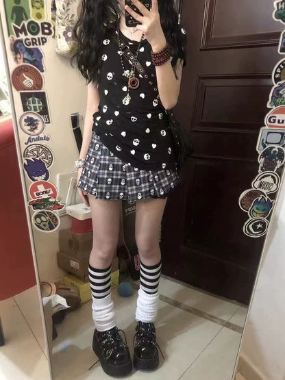 Black Subculture Y2K E-girl Abi American Retro Skull Print Light Subculture Short Sleeve Top