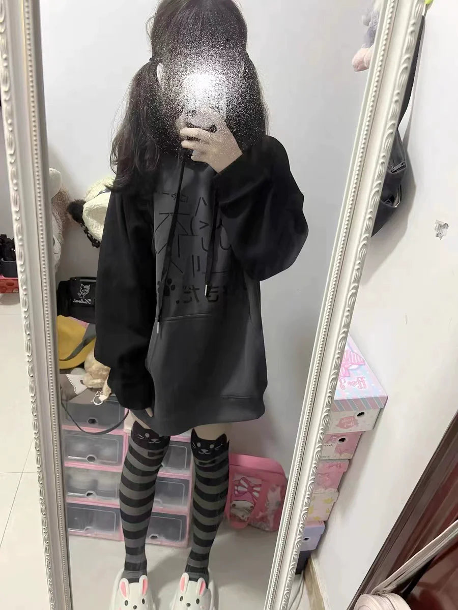 Black & Gray [Fleece-Lined] Subculture Y2K Kawaii Japanese Anime Cute Cat Print Hooded Sweatshirt
