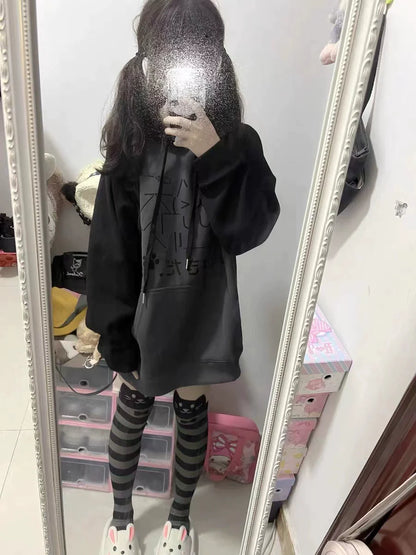 Black & Gray [Fleece-Lined] Subculture Y2K Kawaii Japanese Anime Cute Cat Print Hooded Sweatshirt