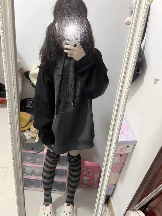Black & Gray [Fleece-Lined] Subculture Y2K Kawaii Japanese Anime Cute Cat Print Hooded Sweatshirt