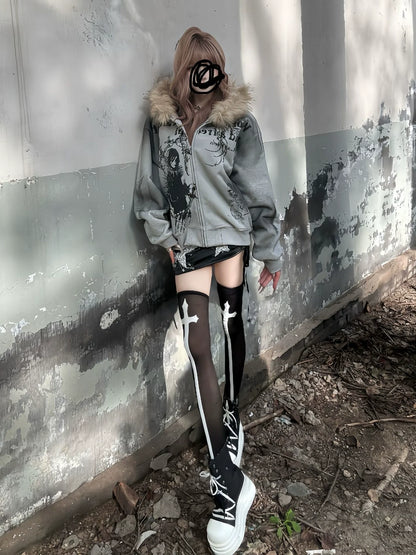 Y2K Fur Collar Zip Hoodie Subculture Street Cropped Jacket