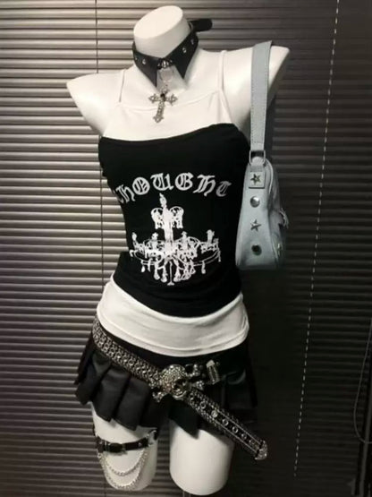 Black & White Color-Block Tank Top Subculture Y2K E-girl Abi American Letter Print Tank Top