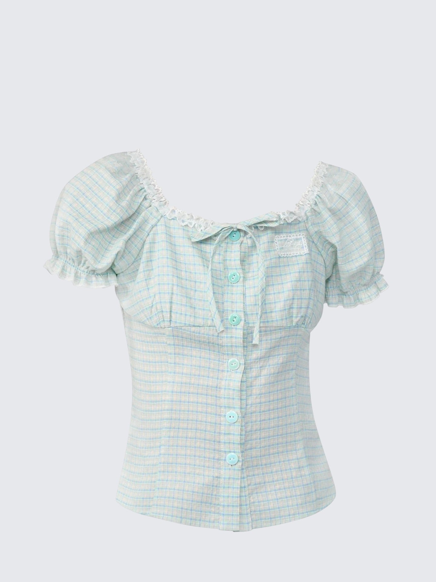 American Vintage Green Plaid Puff Sleeve Square Neck Shirt