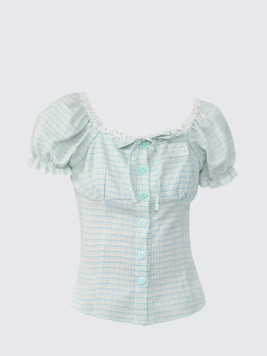 American Vintage Green Plaid Puff Sleeve Square Neck Shirt