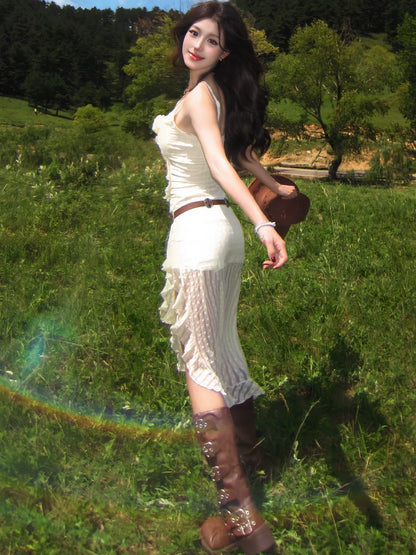 French Textured Knit Halter Waist-Cinched Asymmetrical Beach Vacation Maxi Dress