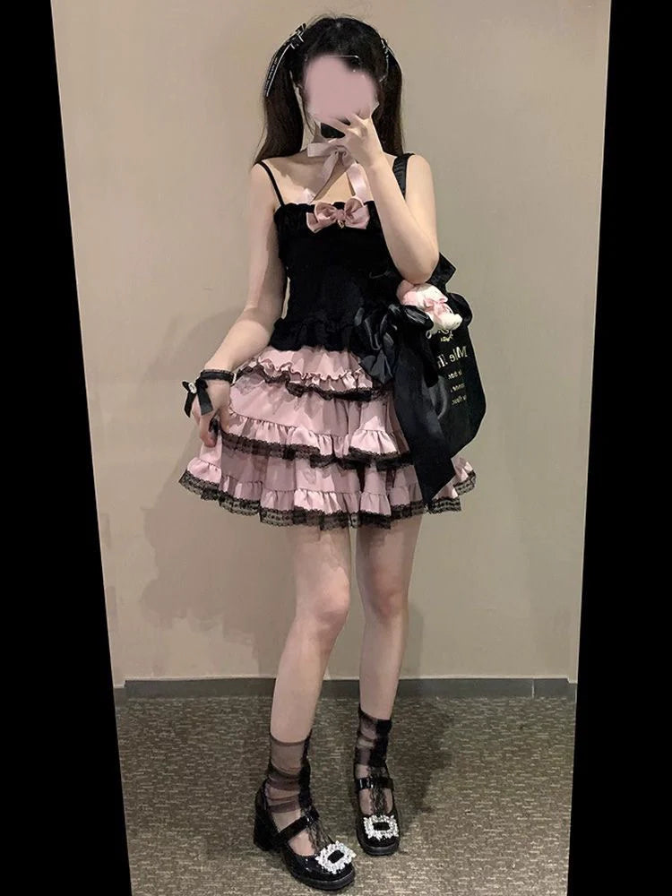 Black [With Free White Bow Subculture Y2K E-girl Sweet & Cool Multi-Layer Lace Cake Skirt High-Waisted Short Fluffy Skirt