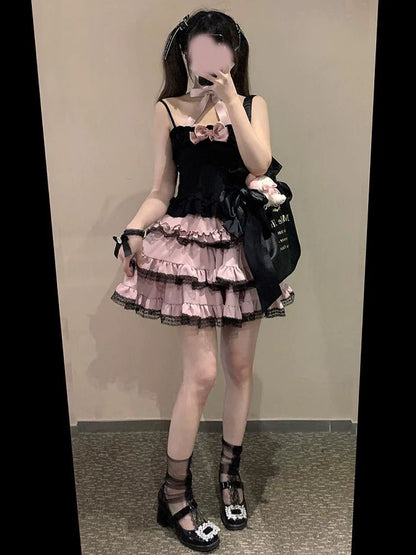Black [With Free White Bow Subculture Y2K E-girl Sweet & Cool Multi-Layer Lace Cake Skirt High-Waisted Short Fluffy Skirt
