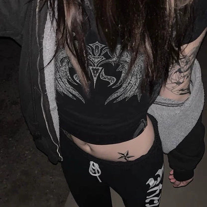 Black Punk Y2K E-girl Geometric Wing Print Slim-Fit Short Sleeve Top