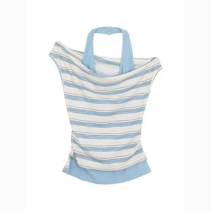 Striped Fake Two-Piece Off-Shoulder Subculture Y2K E-girl Light Subculture Striped Fake Two-Piece Off-Shoulder Short Sleeve Top