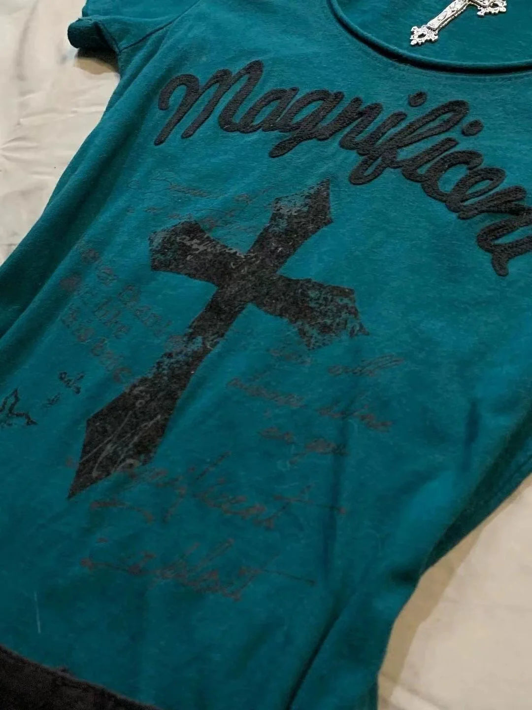 Dark Blue American Vintage Cross Print Y2K T-Shirt