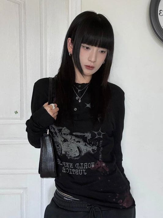 Visual Kei Black Henley Long Sleeve Tee Autumn Vintage Base Top Y2K Streetwear