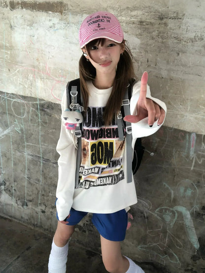 Retro Letter Print Long Sleeve T Shirt Loose Fit Couple Top