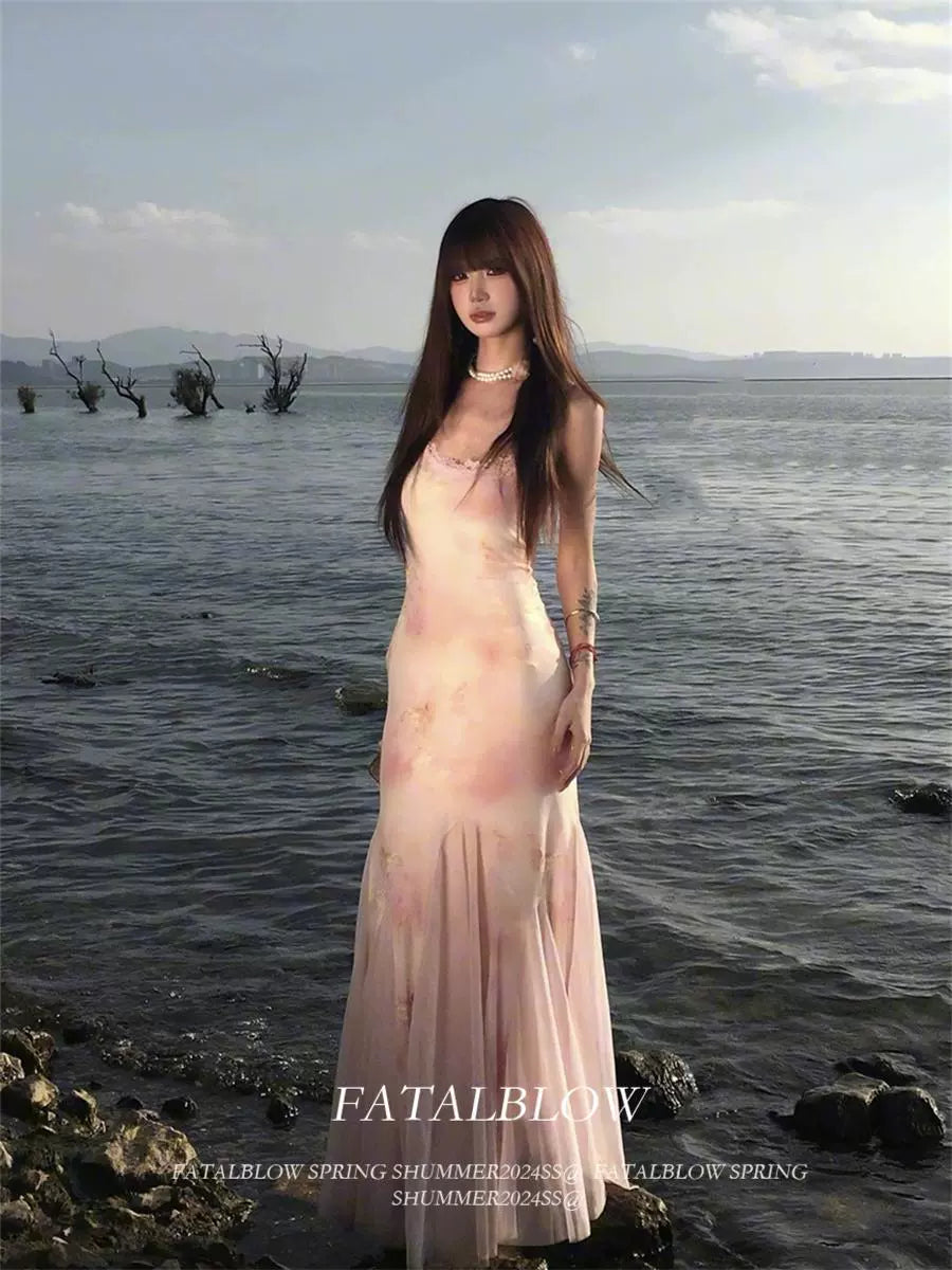 French Pink Floral Tulle Halter Waist-Cinched Slimming Beach Vacation Summer Maxi Dress