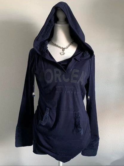 Dark Blue Lamb Wool Patchwork Hoodie Subculture Punk Y2K E-girl Retro Autumn/Winter Hooded Sweatshirt