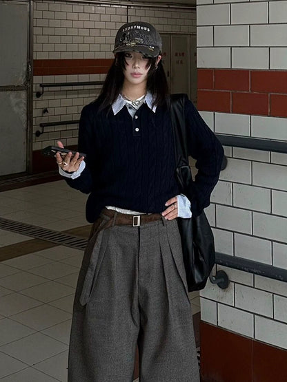 Old Money Cable Knit Polo Sweater Cleanfit Layered Top