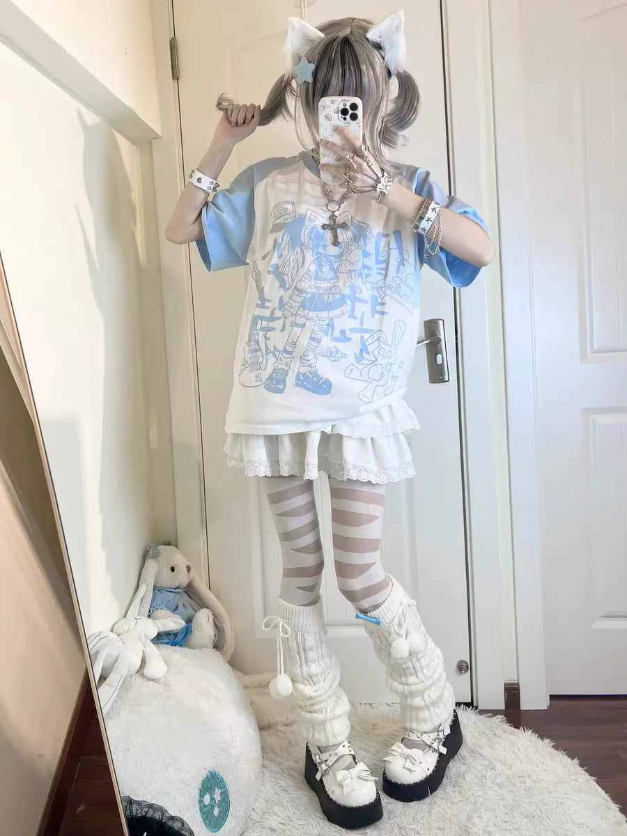 White & Blue Subculture Y2K E-girl Japanese Kawaii Sonic Cat Raglan-Sleeve Oversized Niche Top