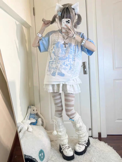 White & Blue Subculture Y2K E-girl Japanese Kawaii Sonic Cat Raglan-Sleeve Oversized Niche Top