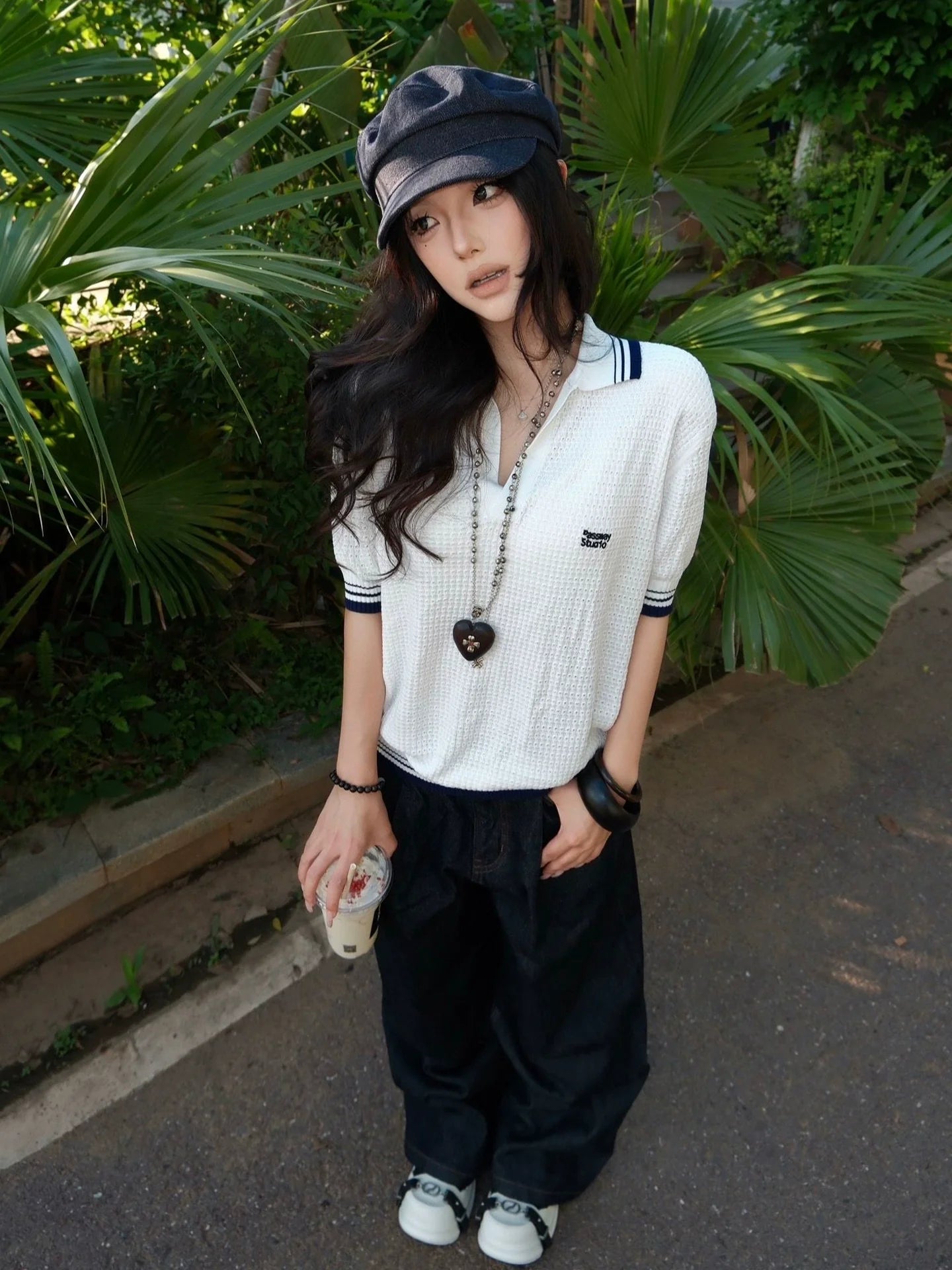 White Cutout V Neck Polo Knit Short Sleeve Top