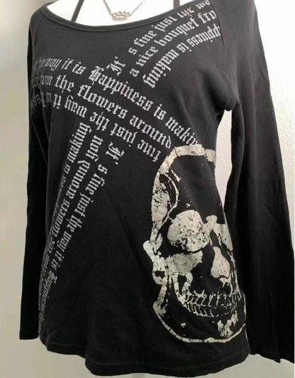Black Subculture Gothic Rock Punk Y2K E-girl Skull Print Oversized Long Sleeve Top