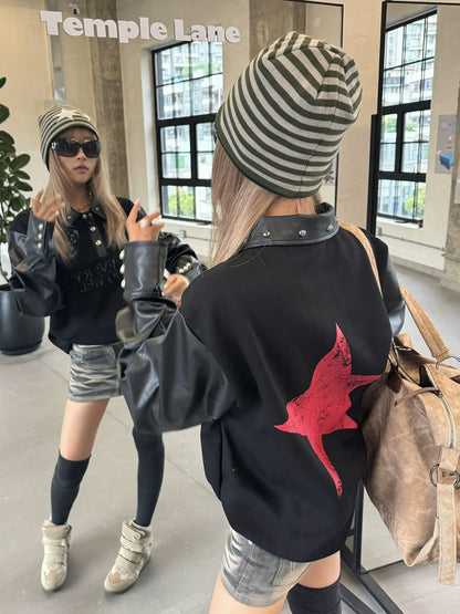 Visual Kei Polo Collar Sweatshirt Red Star Badge Print Long Sleeve Top