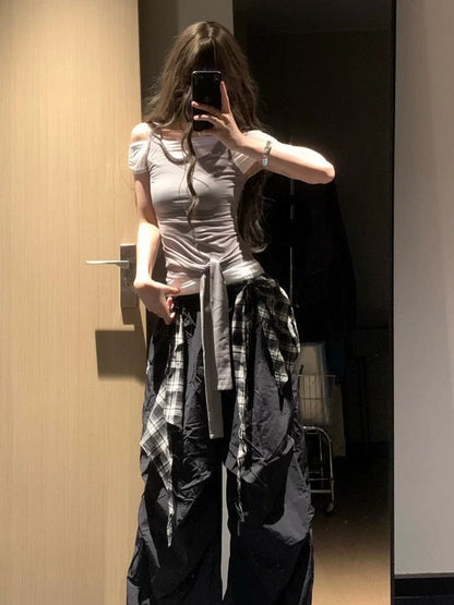 Gray White Fake Two-Piece Tie Detail Y2K T-Shirt