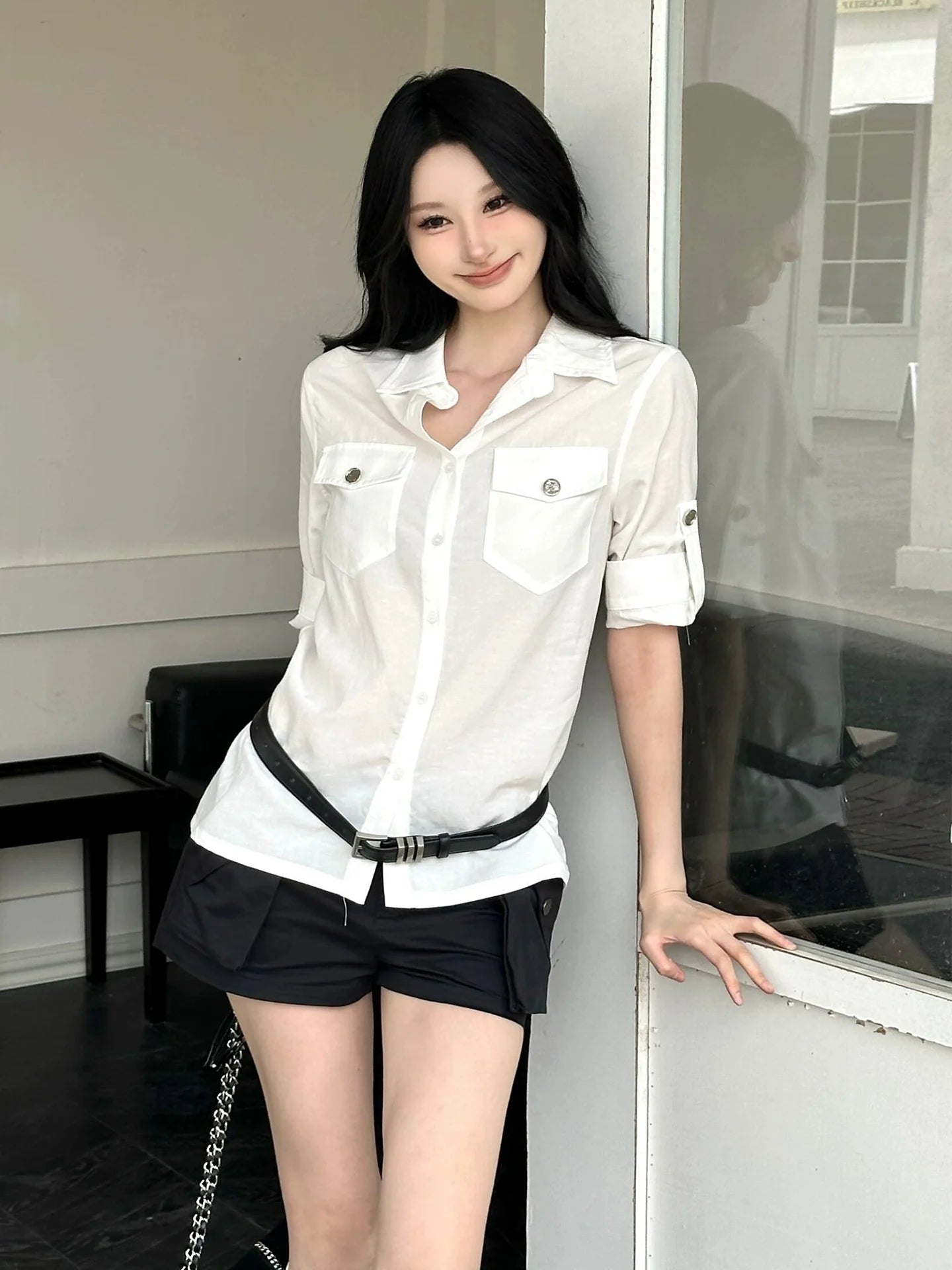 Elegant White Short Sleeve Shirt Summer Commuter Sun-Proof Blouse