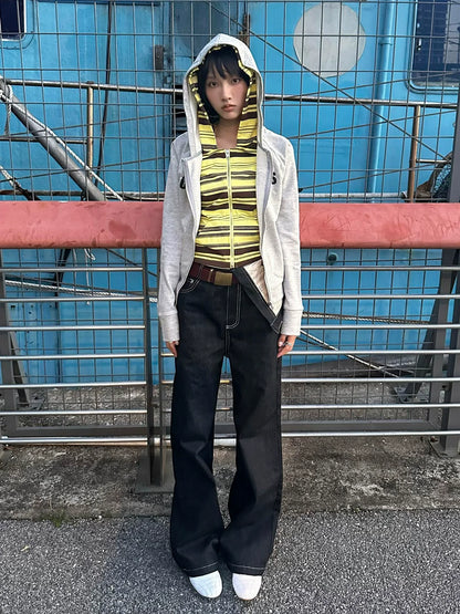 Colorblock Zip Up Hoodie Faux Layered Top Slim Fit