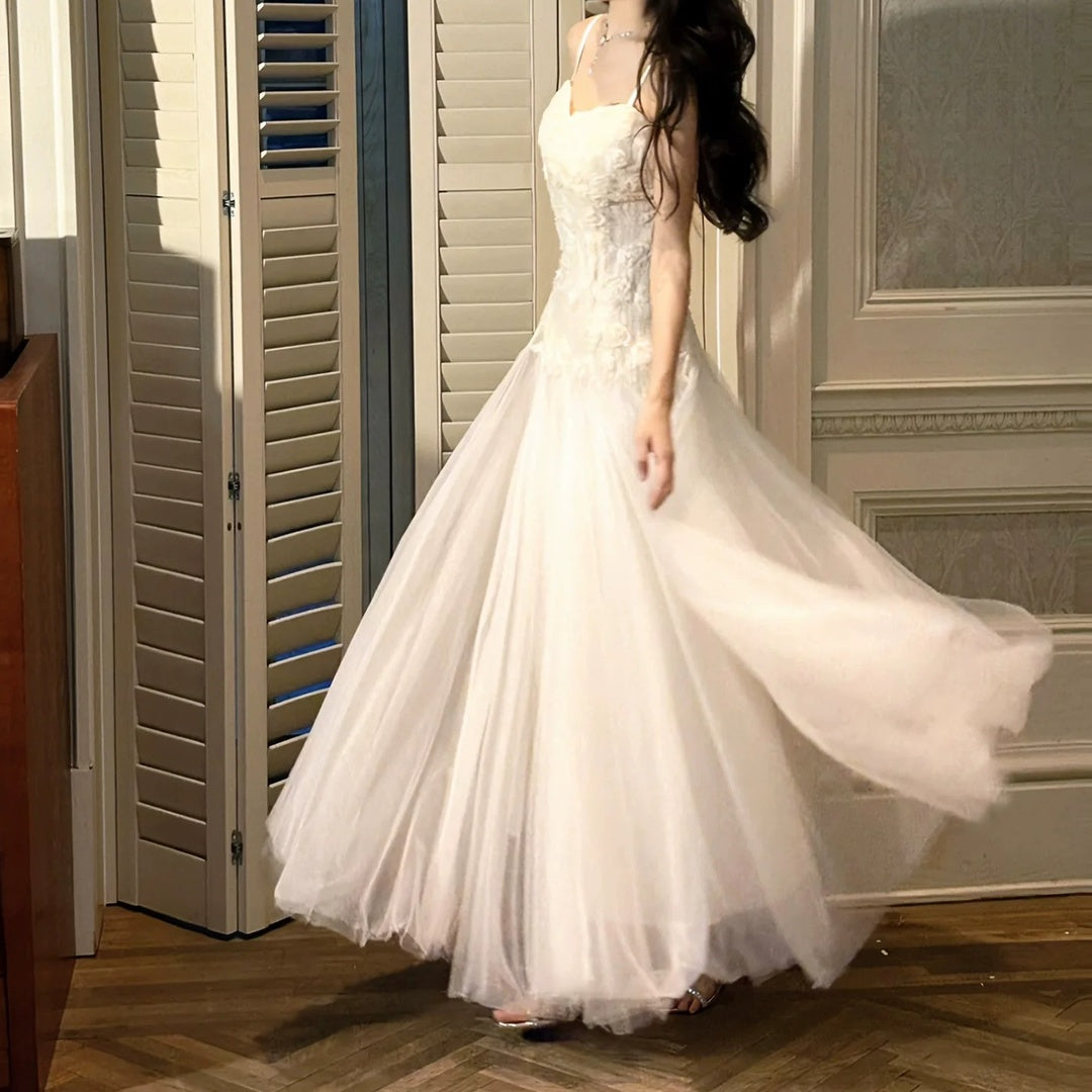 French 3D Flower Heavywork Spaghetti Strap Gown Dress