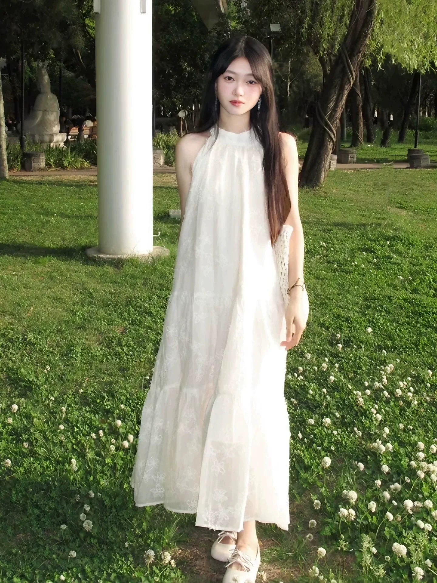 Soft Elegant Bow Halter Embroidered Maxidress