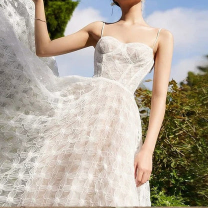 French White Tulle Mermaid Ballet Spaghetti Strap Cutout Gown Dress