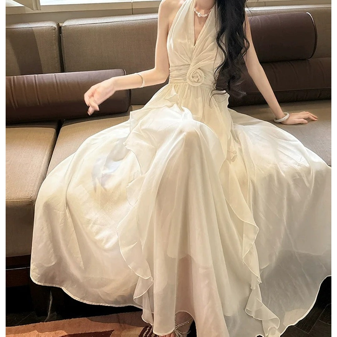 French Halter Floral Tulle Gown Dress