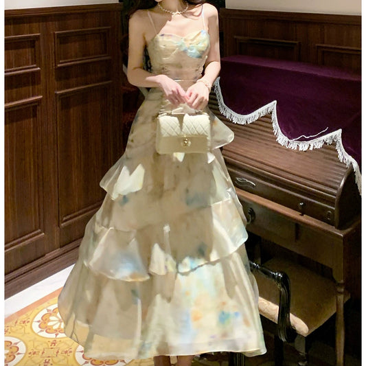 French Ombre Green Ruffle Halter Gown Dress