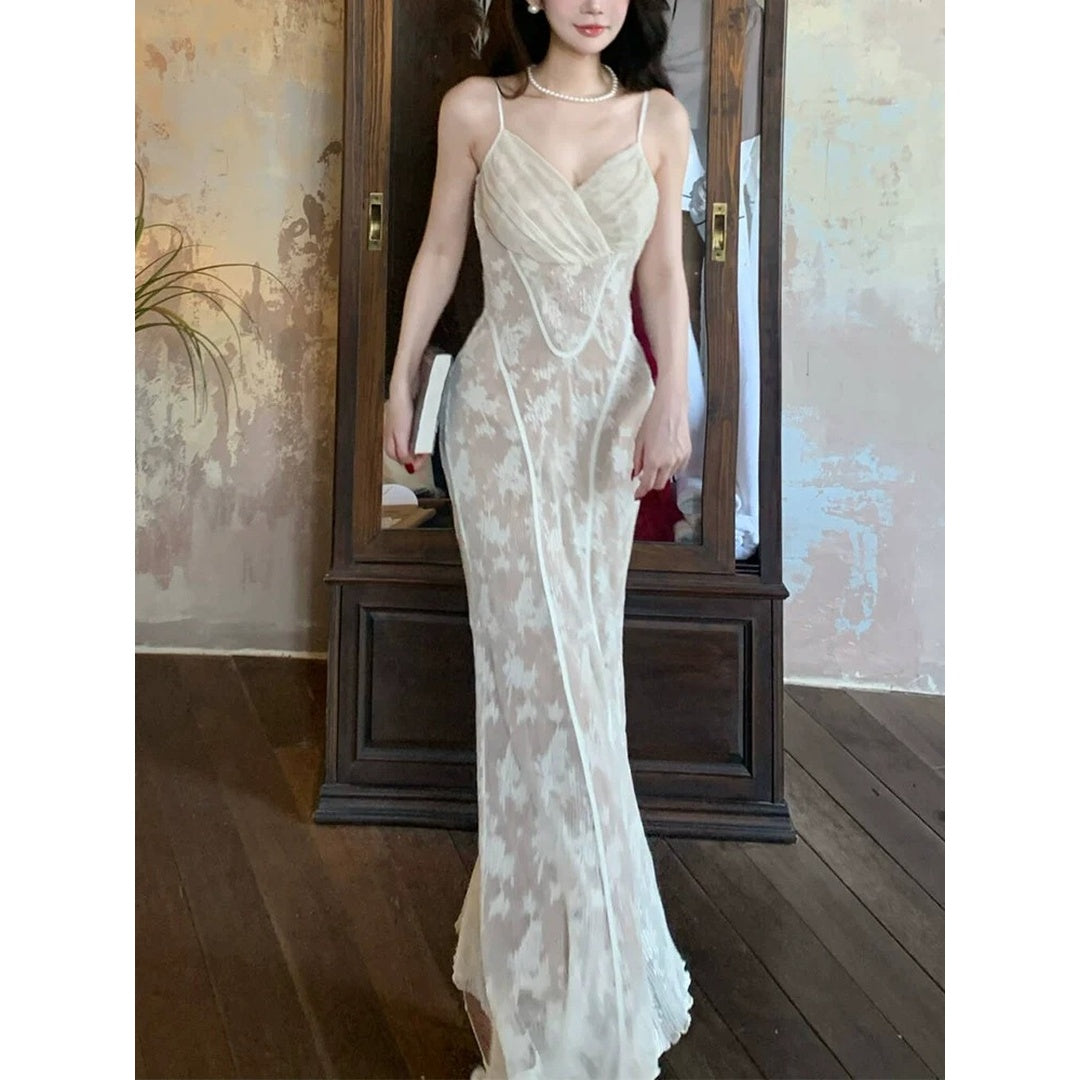 French Lace Pleated Spaghetti Gown Dress with Chiffon Cardigan