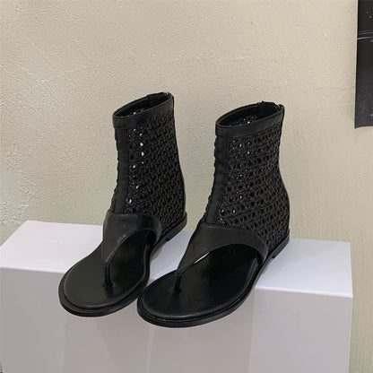 Korean Spicy Girl Retro Toe Post Sandal Boots Petite Lift Mid Calf Niche Foot Slimming Cutout Ankle Boots