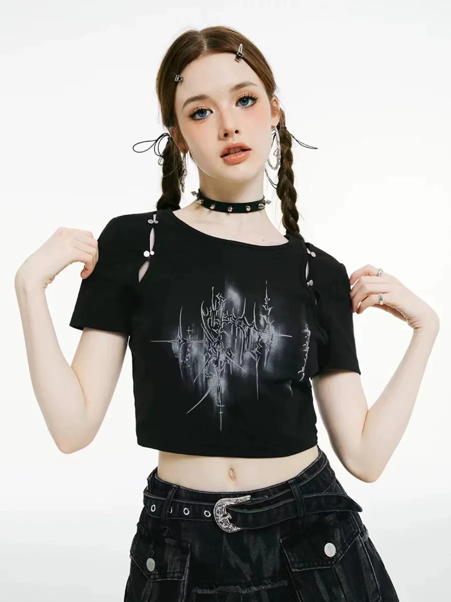 Black Subculture Punk Y2K E-girl Cutout Print Niche Slim-Fit Cropped Top