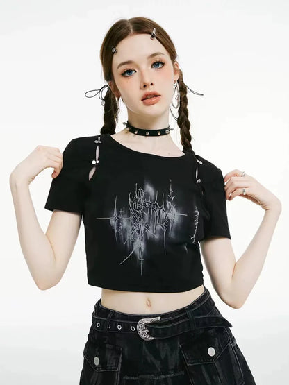 Black Subculture Punk Y2K E-girl Cutout Print Niche Slim-Fit Cropped Top