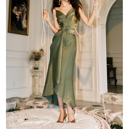 Green Waist-Flattering Spaghetti Gown Dress