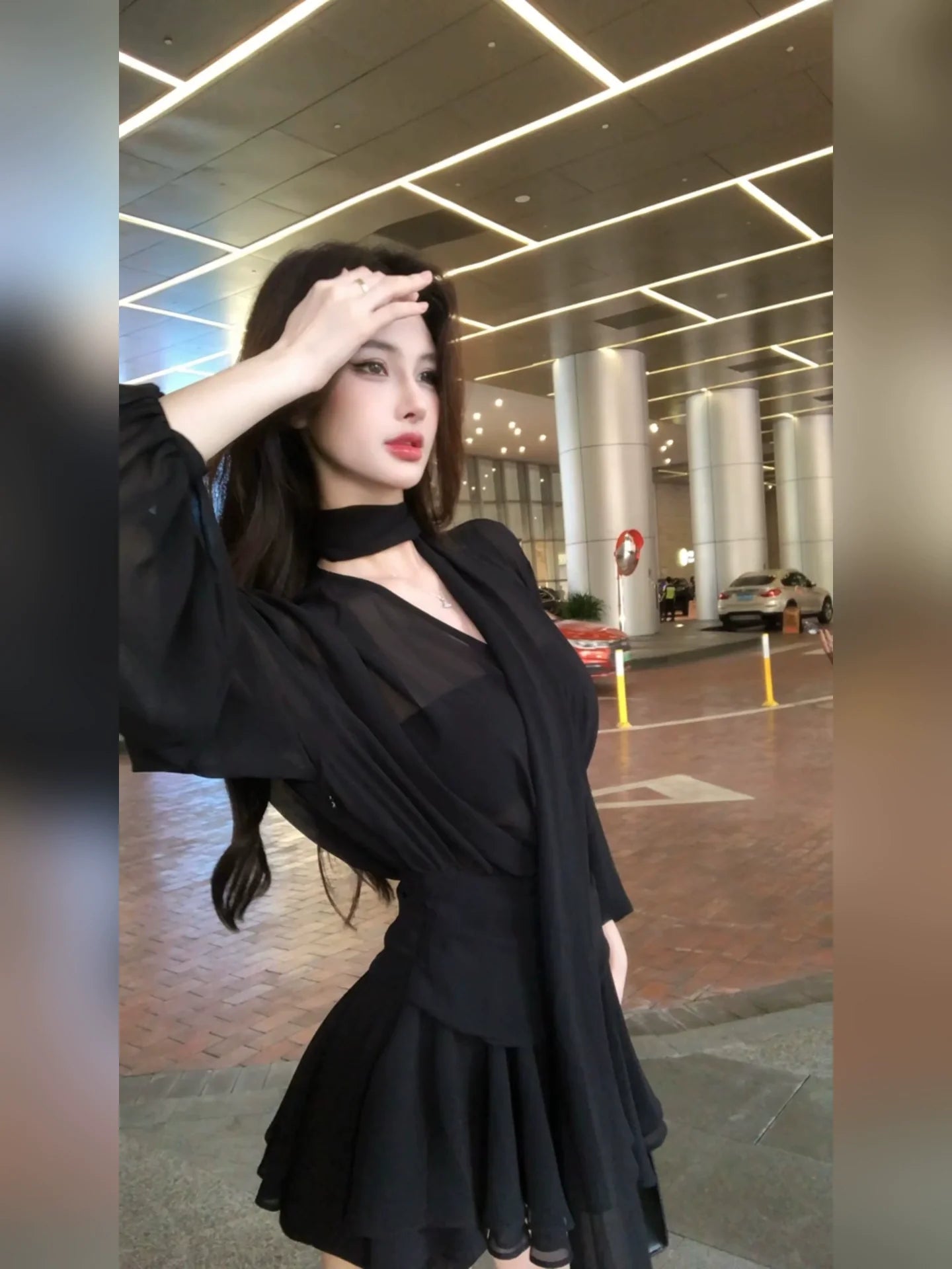 French Black Ribbon Chiffon Long-Sleeve Waist-Cinched A-Line Summer Mini Dress