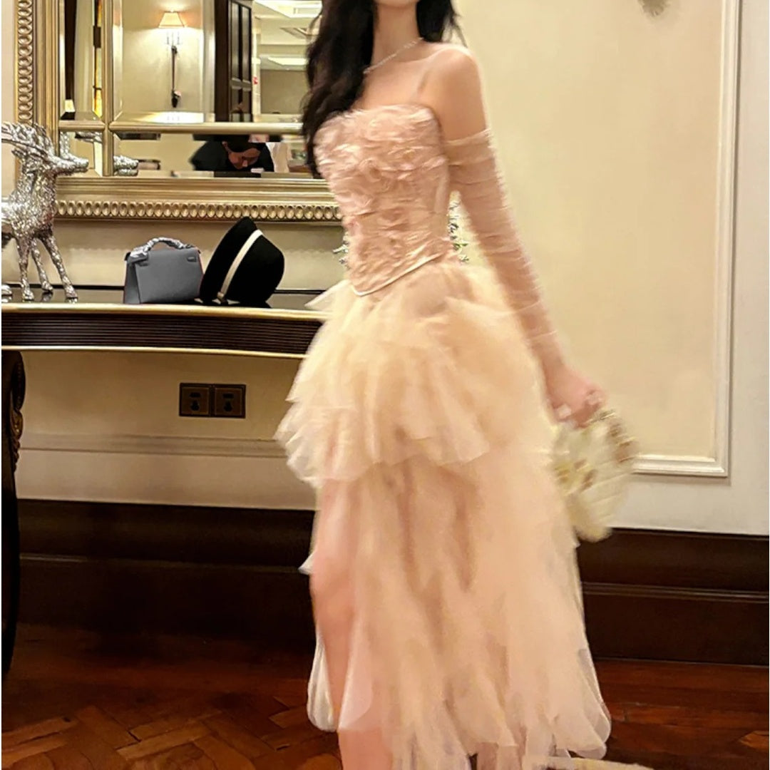 Luxury Pink Rose Tulle Two-Piece Gown Dress