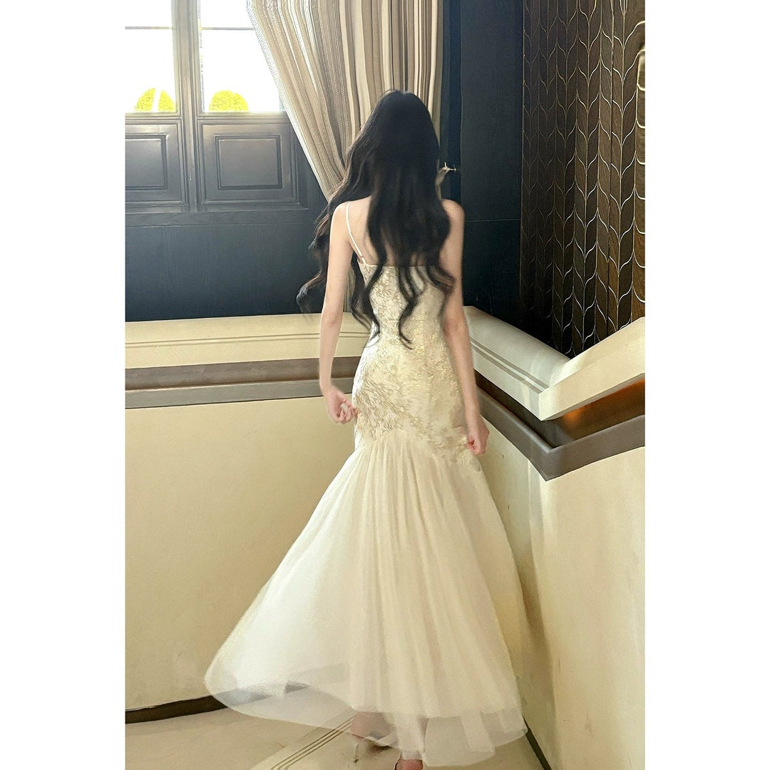 French Lace Tulle Halter Mermaid Gown Dress