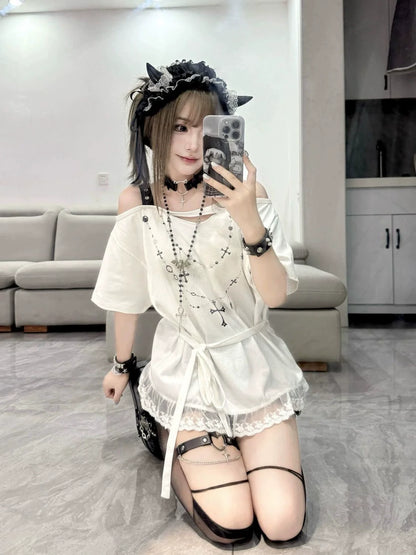 White Ribbon Ripped Y2K T-Shirt