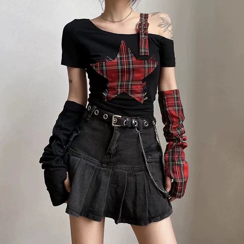 Black (With Arm Sleeves) Subculture Punk Y2K E-girl Gypsy-Style Plaid Asymmetrical Off-Shoulder Top