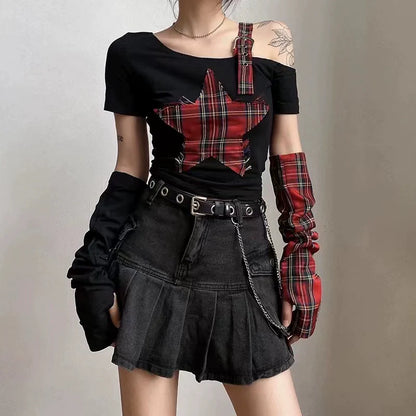 Black (With Arm Sleeves) Subculture Punk Y2K E-girl Gypsy-Style Plaid Asymmetrical Off-Shoulder Top