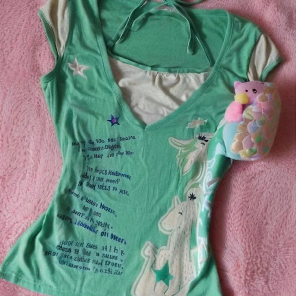 Old-School Green Fake Two-Piece Light Subculture Y2K T-Shirt