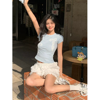 Bow Print Fitted Short Sleeve Tee Structured Shoulder Cotton Cropped Top Y2K Aesthetic