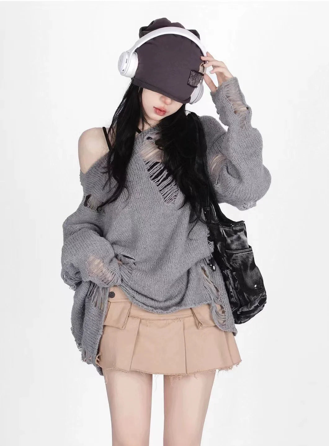 Knit Top + Camisole Two-Piece Set Subculture Y2K E-girl Cutout & Distressed Slouchy Outerwear Set